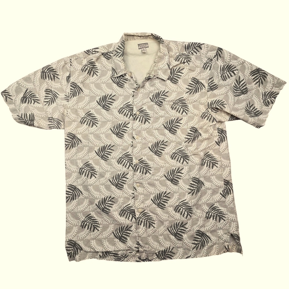Bugle Boy Original Mens XL Grey Tropical Leaf Ramie Cotton Short Sleeve Shirt‎